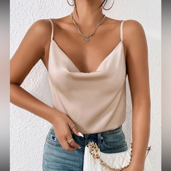 Boho champagne cowl neck draped cami top - Picture 3 of 11